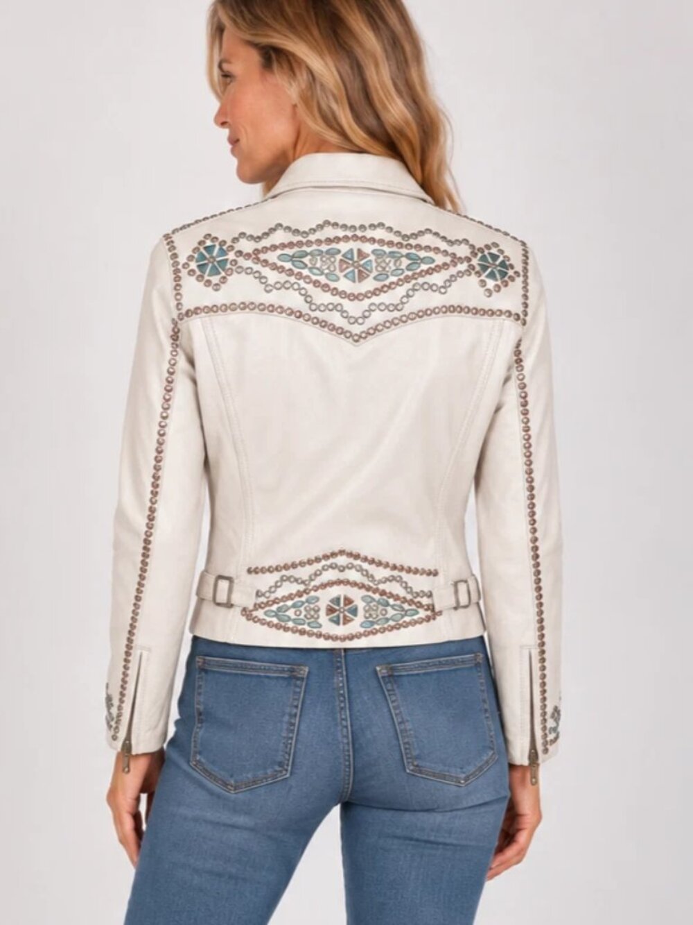 CRIPPLE CREEK Off White Leather Rhinestones Embellished Blingy Jacket S Small